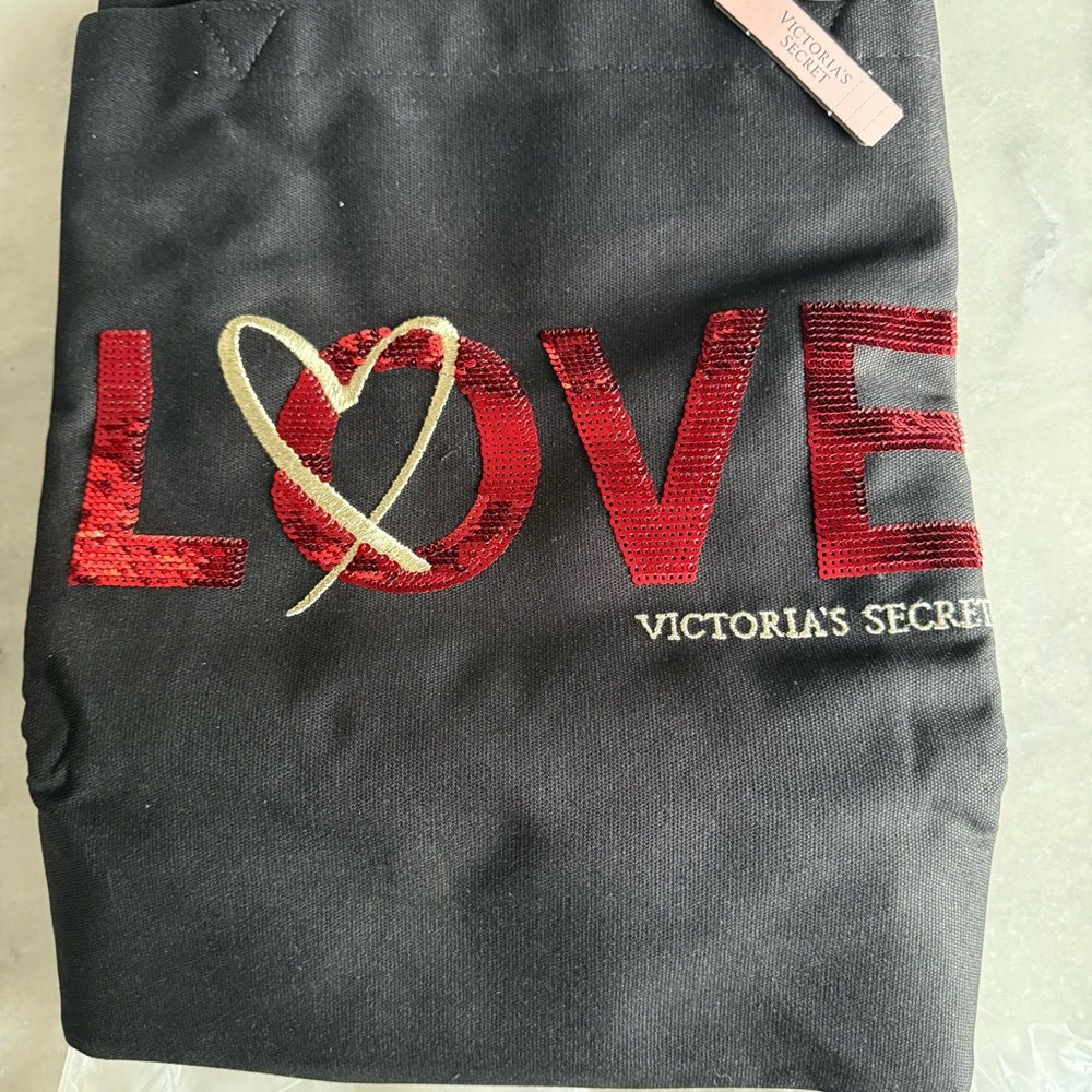 Victoria's Secret Black Bling Tote with Red and Gold LOVE Design